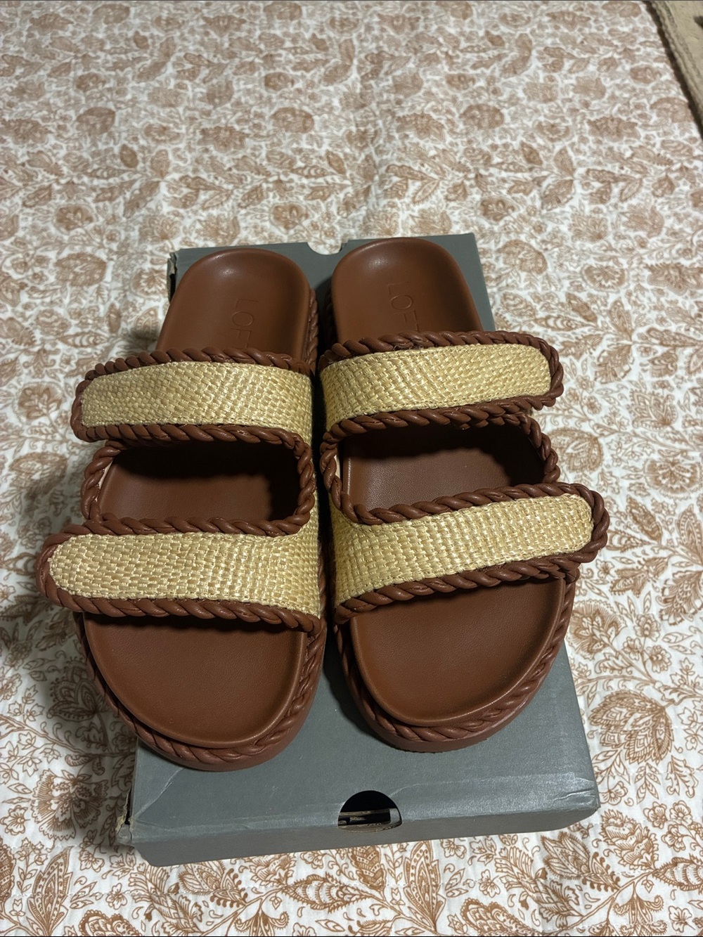 LOFT Brown and Beige Double-Strap Slide Sandals